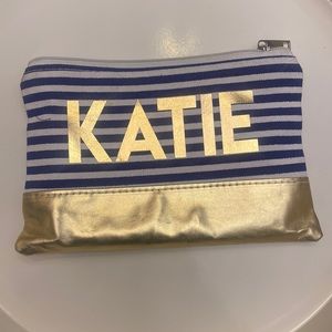 Katie Customized Cosmetic Bag Blue/White Stripe with Gold Accents GUC 9x6